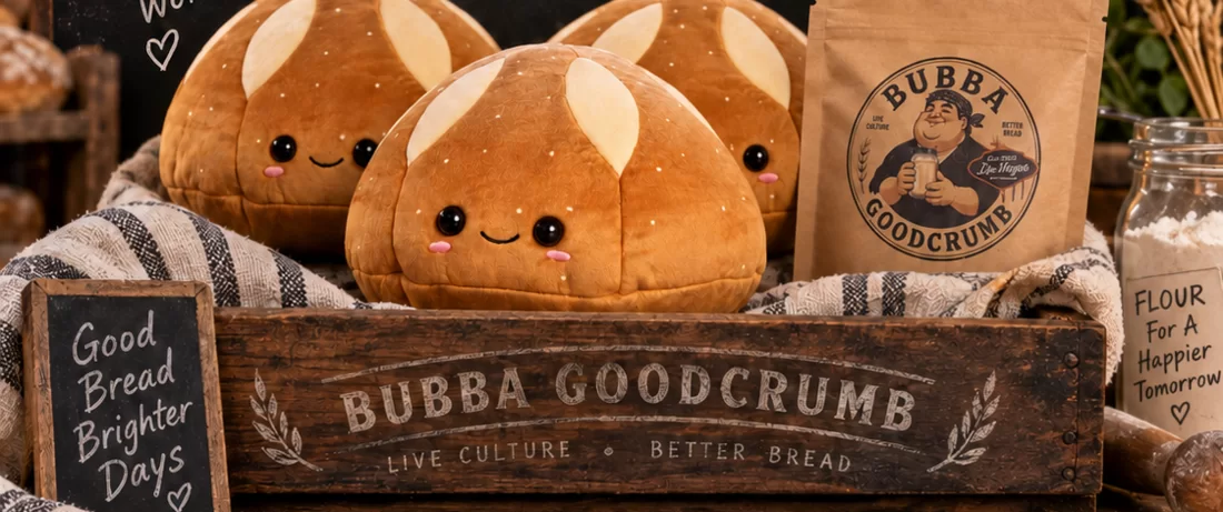 Three Bubba's Babies sourdough plushies beside a Bubba Goodcrumb sourdough starter pouch in a wooden bakery crate