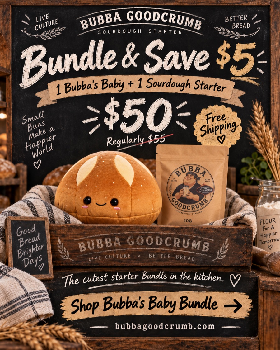 Bundle and save $5: one Bubba's Baby plush plus one sourdough starter for $50, free shipping.